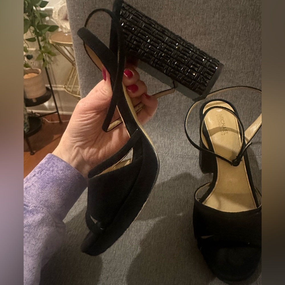 Michael Kors Black Strappy Heels with Mosaic Beaded Black Heel detail